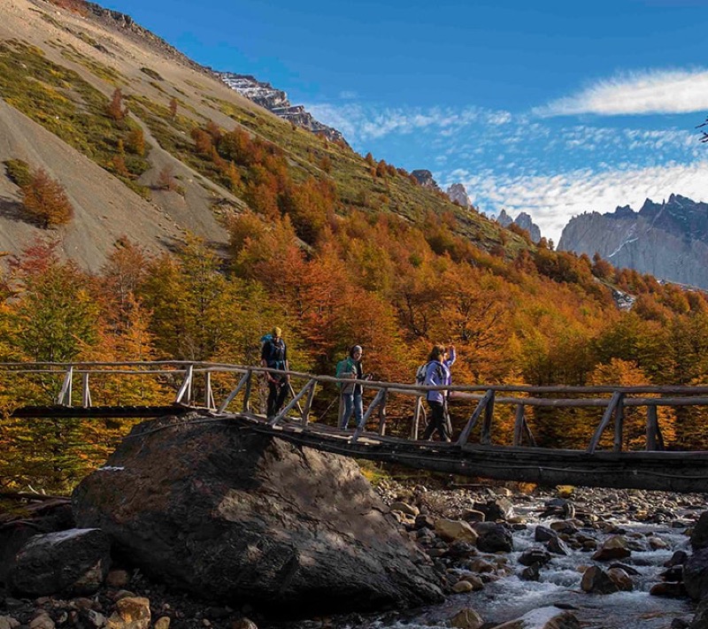 Hiking in the fall in the trail to the Base of the Towers in Torres del Paine National Park