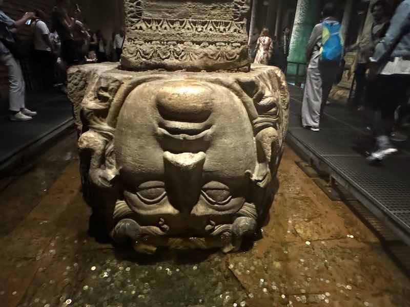 An upside-down Medusa head in the Basilica Cistern