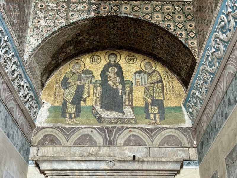 The Chamber of the Warriors mosaic, featuring Mary holding the Christ child, Constantine, and Justinian I at the exit of the Hagia Sophia