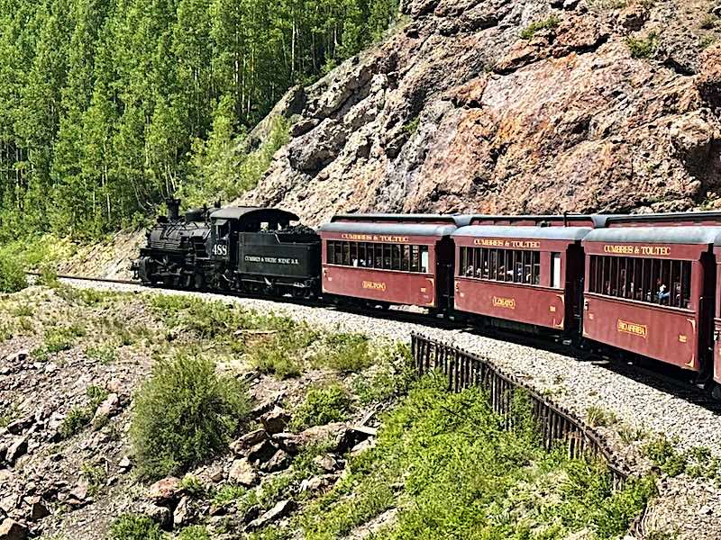 The Cumbres and Toltec Scenic Railroad crossing over the rock ledge at Windy Point