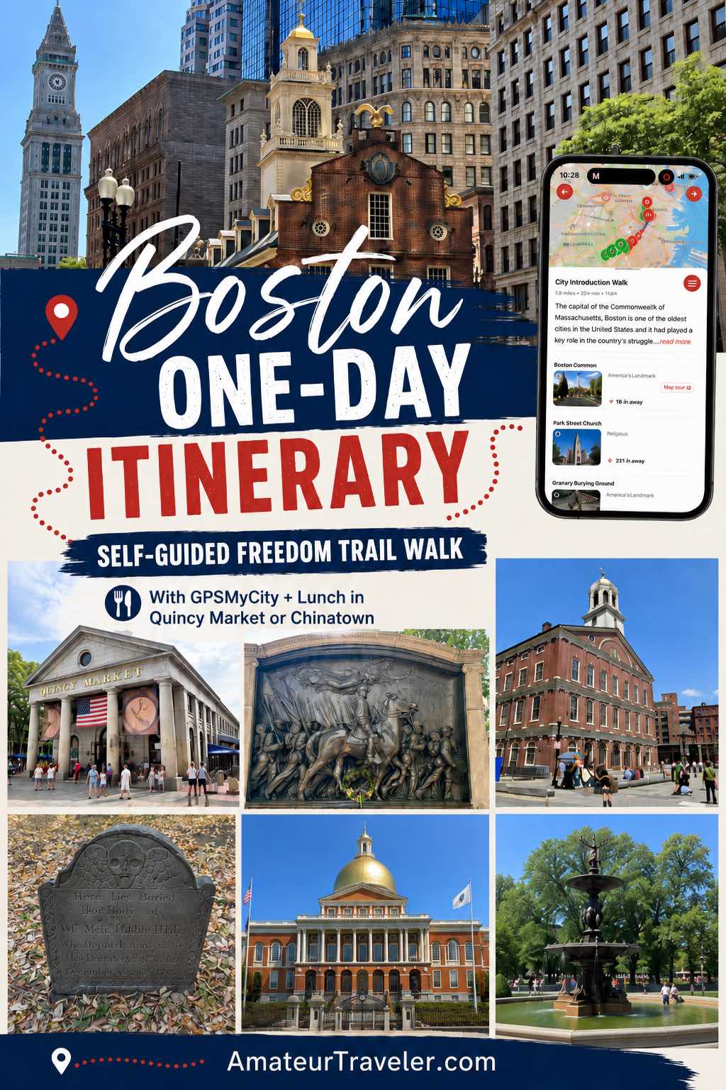 Explore Boston in one day with the Freedom Trail, GPSMyCity, historic sights, Quincy Market, the North End, and Chinatown.