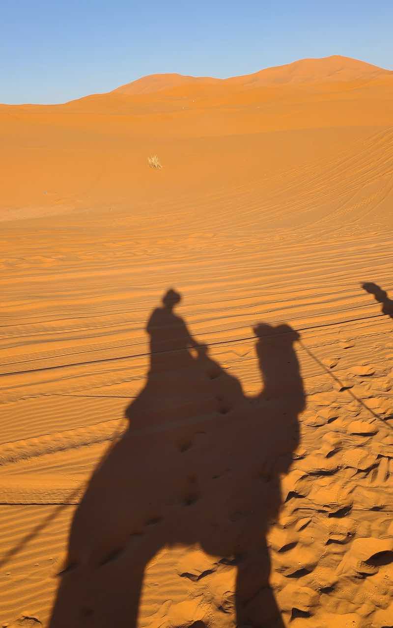 Shadow of a traveler riding a camel across orange sand dunes in the Sahara Desert in Morocco.