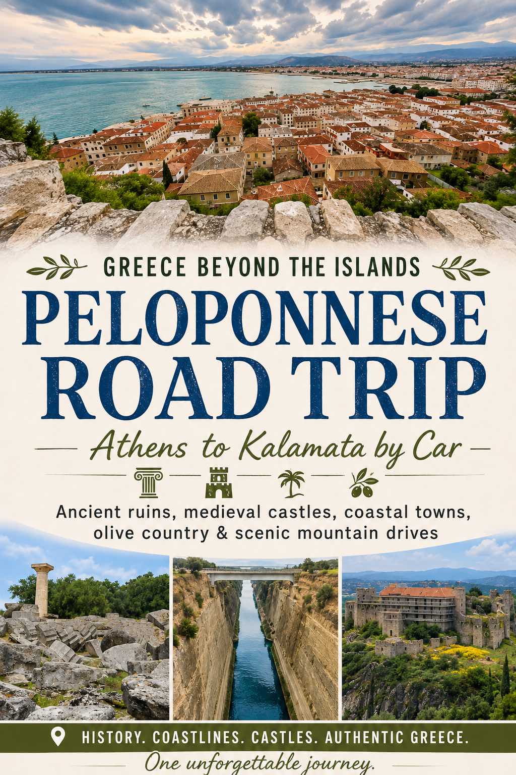Discover Greece beyond the islands on a Peloponnese road trip through Athens, Olympia, Kalamata, Nafplio, ancient ruins, medieval castles, coastal towns, olive country, and scenic mountain roads.